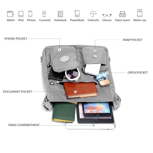 Dora & Liz Multipurpose Hobo Purse for Women with Antitheft RFID, Waterproof Nylon Crossbody Bag Shoulder Handbag, Convertible Backpack (Grey) - Image 5