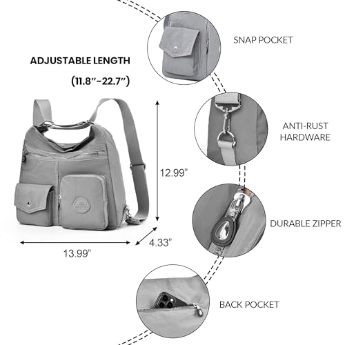 Dora & Liz Multipurpose Hobo Purse for Women with Antitheft RFID, Waterproof Nylon Crossbody Bag Shoulder Handbag, Convertible Backpack (Grey) - Image 4