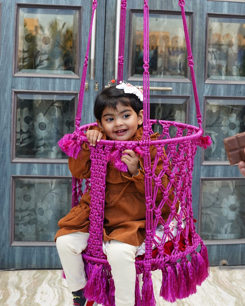 Patiofy Baby Swing || Jhula for Kids || Swing for Kids for Home || Swing for Baby Kids || Suitable for 1 to 5 Years Babies & Kids || Premium Polyester Rope Swing || Round Shape (Pink) - Image 1
