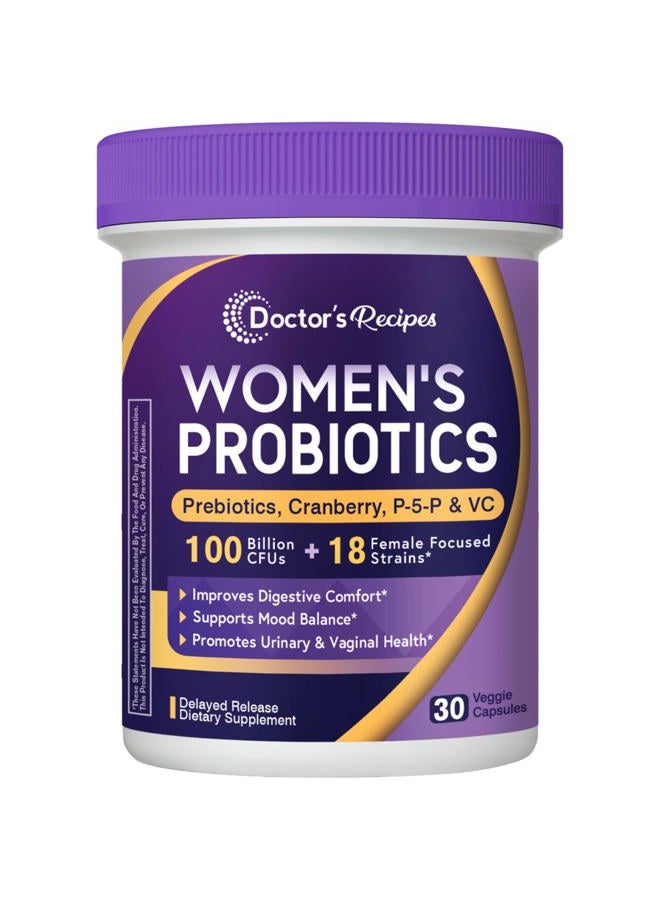 Doctor's Recipes Probiotics for Women, 100 Billion CFU, 18 Probiotic Strains, Prebiotics, Cranberry, P-5-P & VC, Vaginal, Digestive, Mood, Urinary Tract Health, Shelf-Stable, 30 Vegan Caps - Image 1