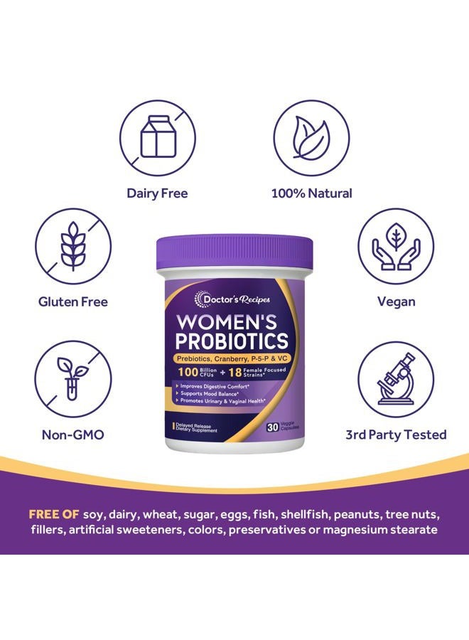 Doctor's Recipes Probiotics for Women, 100 Billion CFU, 18 Probiotic Strains, Prebiotics, Cranberry, P-5-P & VC, Vaginal, Digestive, Mood, Urinary Tract Health, Shelf-Stable, 30 Vegan Caps - Image 5