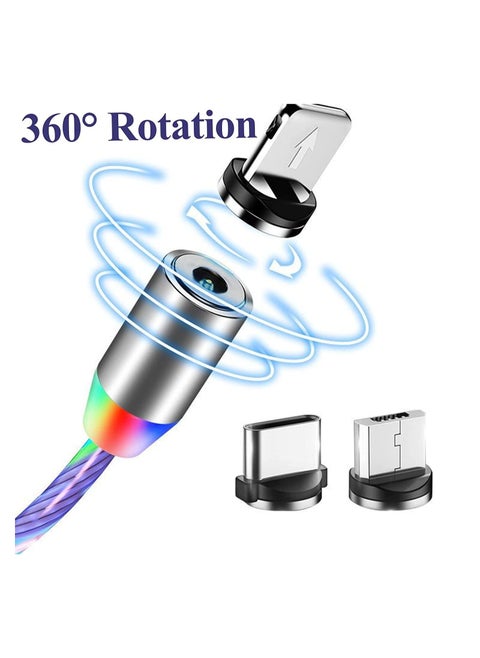 3 in 1 Magnetic Light Up Charging Cable, 360 Rotating LED Phone Charger, Multi Cable Led Flowing Fast Cord Compatible with iPhone,Type C and Micro USB Colorful(2.1m)