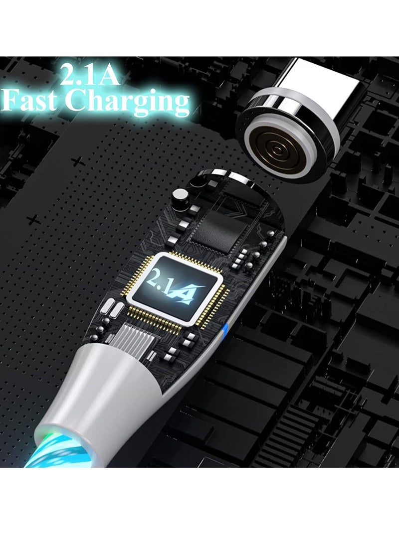 3 in 1 Magnetic Light Up Charging Cable, 360 Rotating LED Phone Charger, Multi Cable Led Flowing Fast Cord Compatible with iPhone,Type C and Micro USB Colorful(2.1m)