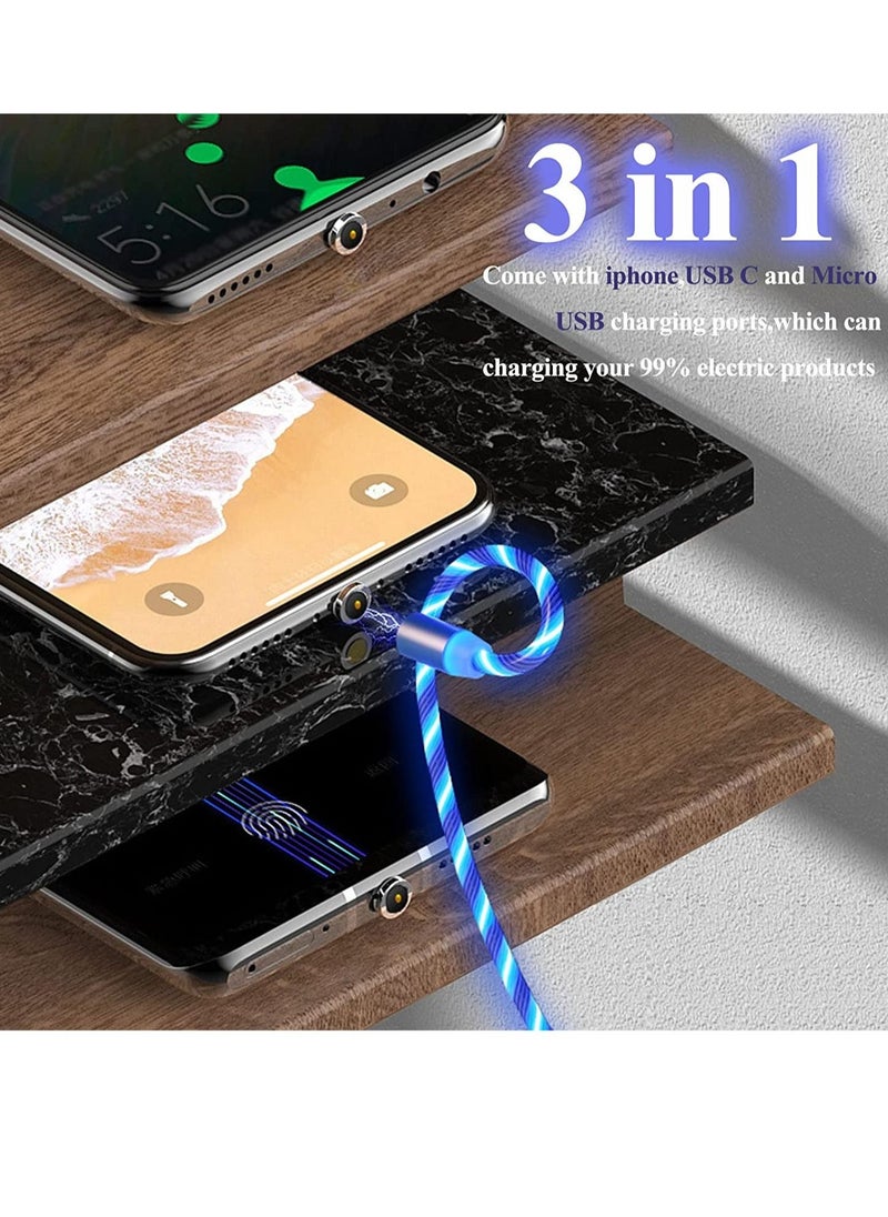 3 in 1 Magnetic Light Up Charging Cable, 360 Rotating LED Phone Charger, Multi Cable Led Flowing Fast Cord Compatible with iPhone,Type C and Micro USB Colorful(2.1m)