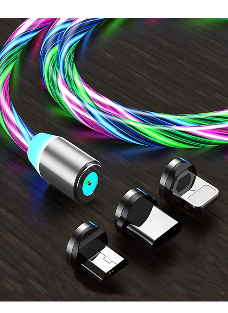 3 in 1 Magnetic Light Up Charging Cable, 360 Rotating LED Phone Charger, Multi Cable Led Flowing Fast Cord Compatible with iPhone,Type C and Micro USB Colorful(2.1m)