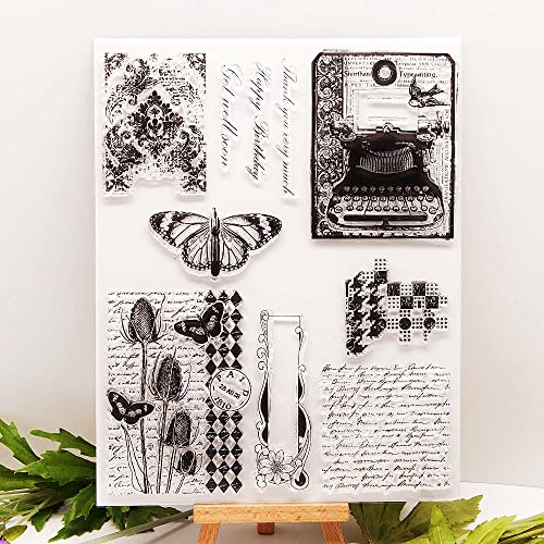 NVZBL Butterfly Telephone Flower Clear Stamps English Words Vintage Text Pattern Transparent Seal Stamps for Holiday Card Making Decoration and DIY Scrapbooking Album DIY Crafts - Image 1