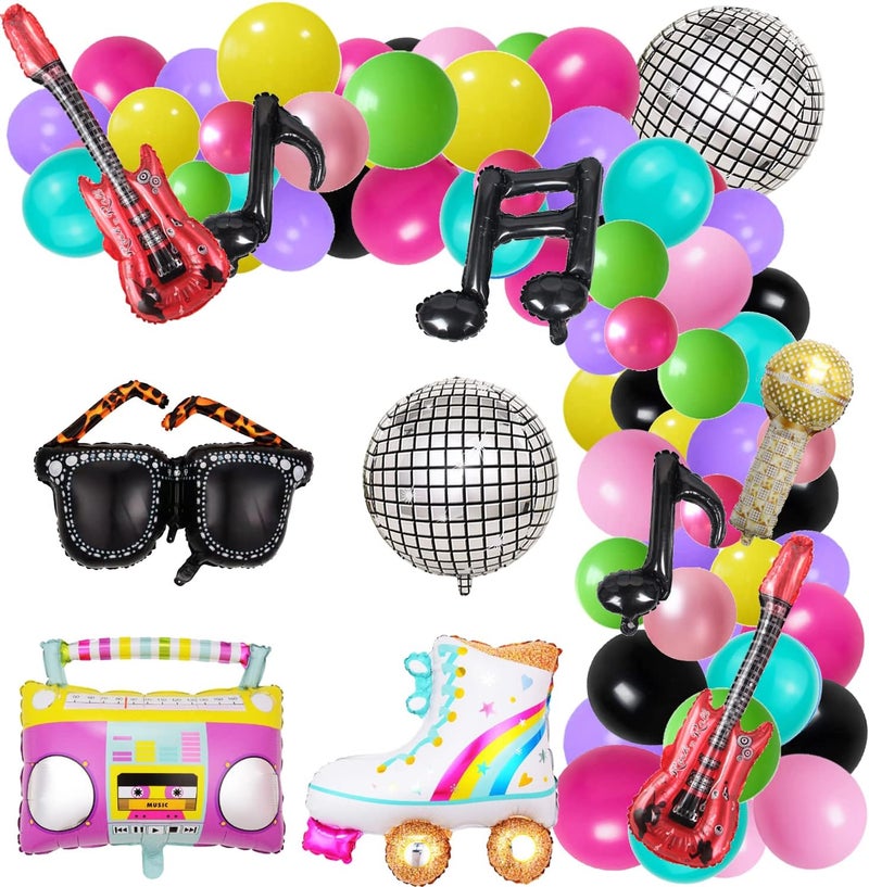 Finypa 80s 90s Party Decorations Bundle Radio Boom Box,139PCS Roller Skate 4D Disco Foil Balloons Retro Mobile Phone Guitar Microphone Balloons Garland Arch Kit Hip Hop Disco Fever Birthday Party Decoration - Image 1