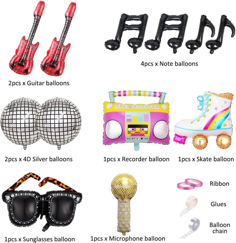 Finypa 80s 90s Party Decorations Bundle Radio Boom Box,139PCS Roller Skate 4D Disco Foil Balloons Retro Mobile Phone Guitar Microphone Balloons Garland Arch Kit Hip Hop Disco Fever Birthday Party Decoration - Image 2