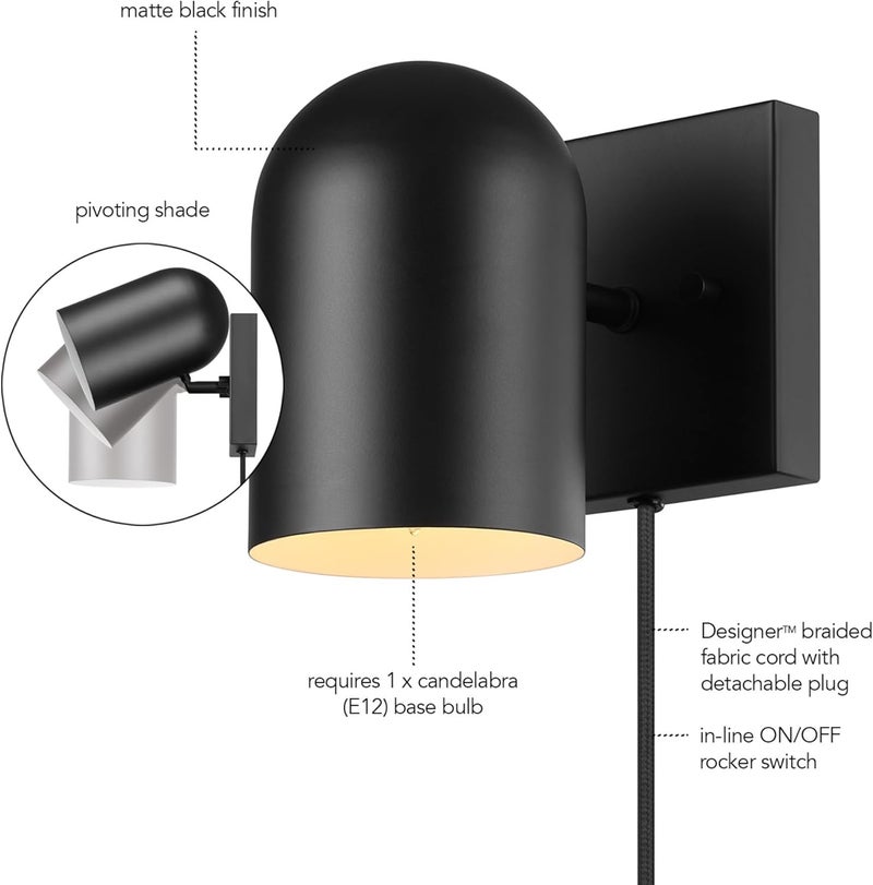 Globe Electric 65000098 1-Light Plug-in or Hardwire Wall Sconce, Matte Black, 6ft Braided Fabric Cord, in-Line Rocker Switch, Modern Lighting for Apartments or Renters, Lights for Living Room - Image 5