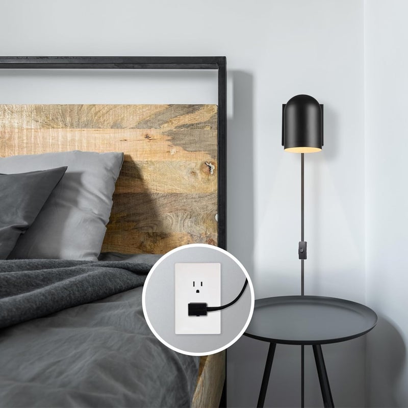 Globe Electric 65000098 1-Light Plug-in or Hardwire Wall Sconce, Matte Black, 6ft Braided Fabric Cord, in-Line Rocker Switch, Modern Lighting for Apartments or Renters, Lights for Living Room - Image 2