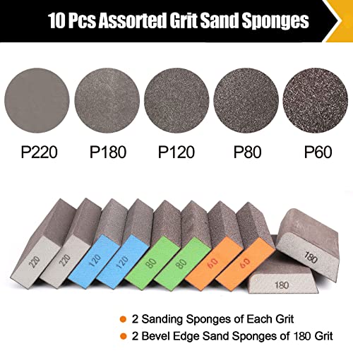 BOSHCRAFT BOSHCRFAT 10 Pack Sanding Block, Washable and Reusable Sanding Sponge for Wood Drywall Metal Glasses Coarse/Medium/Fine/Superfine in 60/80/100/120/180/220 Grit Sandpaper Block Sand Paper Brick - Image 2