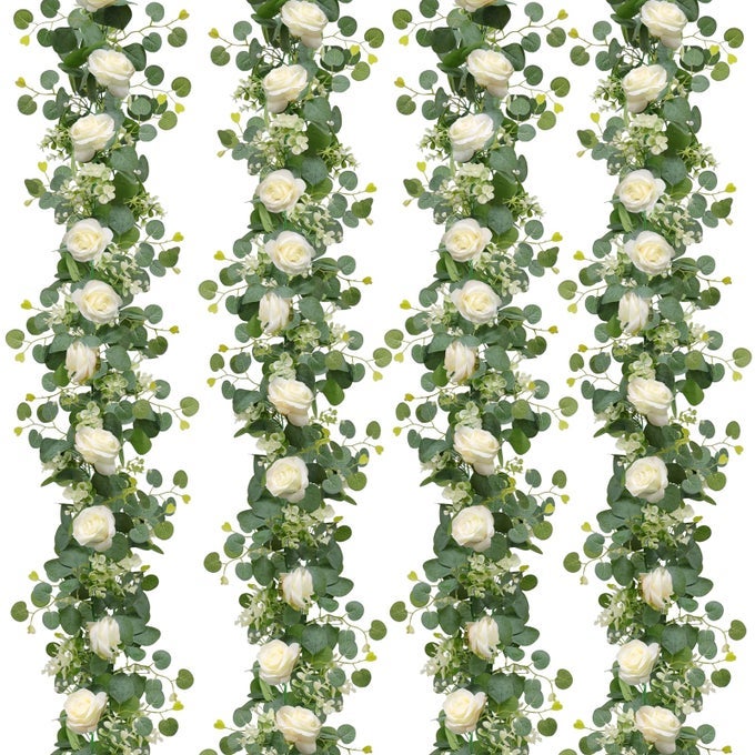 4PCS26 FT ARTIFICIAL EUCALYPTUS WHITE ROSE FLOWER GARLAND FAUX ROSE VINE GYPSOPHILA GREENERY FOR PARTY WEDDING DECOR WHITE 4PCS