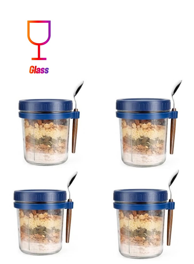 آنا طقم 4 قطع من أكواب زجاجية مزودة بأغطية وملعقة، مثالية لتناول الإفطار الخفيف، محمولة للحمص، الحليب، السلطة، والزبادي - Image 1