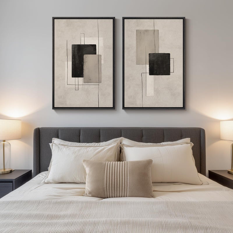 Cuspin Large Framed Neutral Abstract Wall Art for Living Room, Set of 2 Black and Beige Modern Canvas Prints Paintings Artwork for Walls, Minimalist Block Lines Pictures for Hallway Office Wall Decor 24x36 In - Image 4