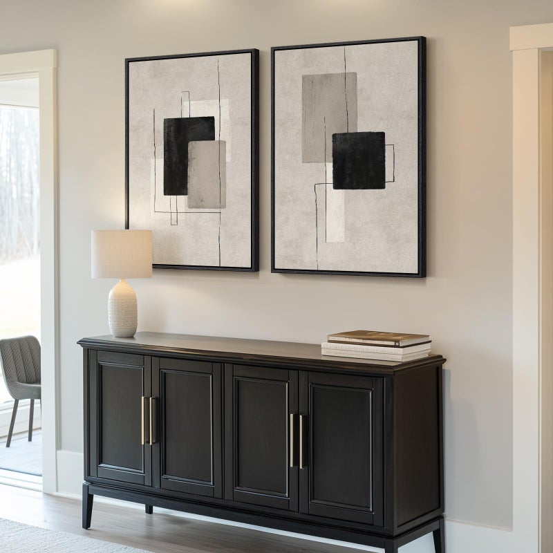 Cuspin Large Framed Neutral Abstract Wall Art for Living Room, Set of 2 Black and Beige Modern Canvas Prints Paintings Artwork for Walls, Minimalist Block Lines Pictures for Hallway Office Wall Decor 24x36 In - Image 2
