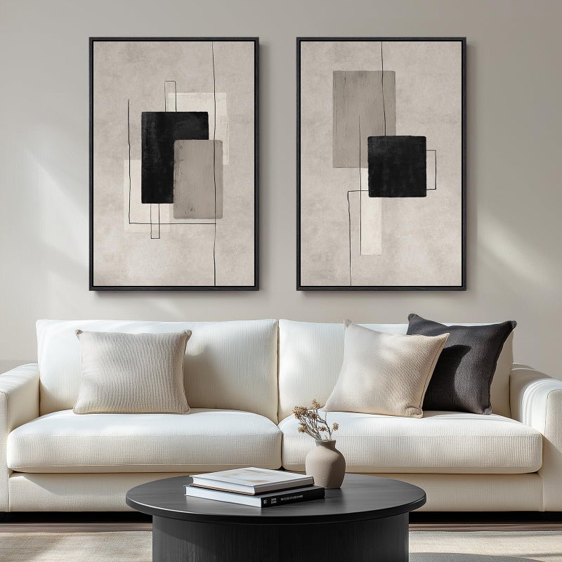 Cuspin Large Framed Neutral Abstract Wall Art for Living Room, Set of 2 Black and Beige Modern Canvas Prints Paintings Artwork for Walls, Minimalist Block Lines Pictures for Hallway Office Wall Decor 24x36 In - Image 1