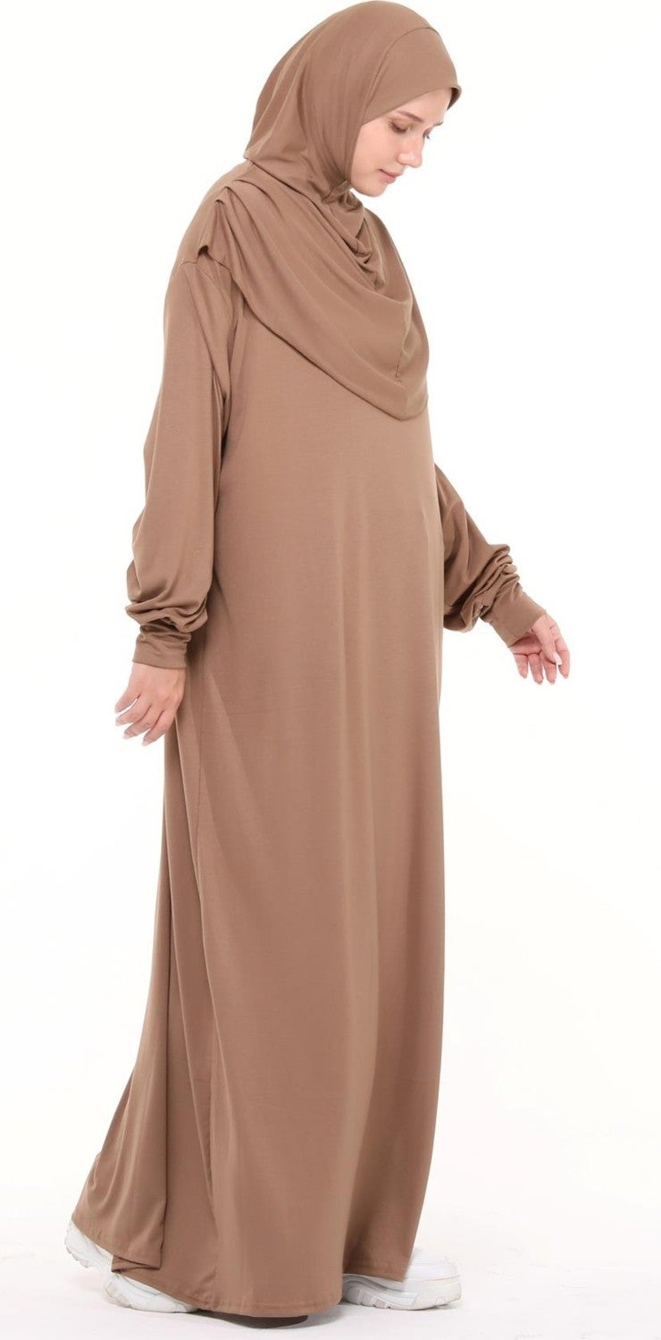 Altobeh Practical One Piece Cotton Bat Sleeves Removable Organic Hijab Prayer Dress with Headscarf - Milk Coffee  - Image 2