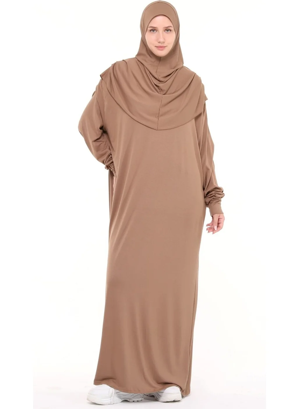 التوبة Practical One Piece Cotton Bat Sleeves Removable Organic Hijab Prayer Dress with Headscarf - Milk Coffee