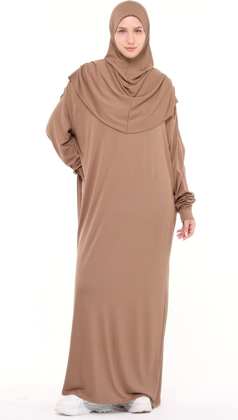 Altobeh Practical One Piece Cotton Bat Sleeves Removable Organic Hijab Prayer Dress with Headscarf - Milk Coffee  - Image 1