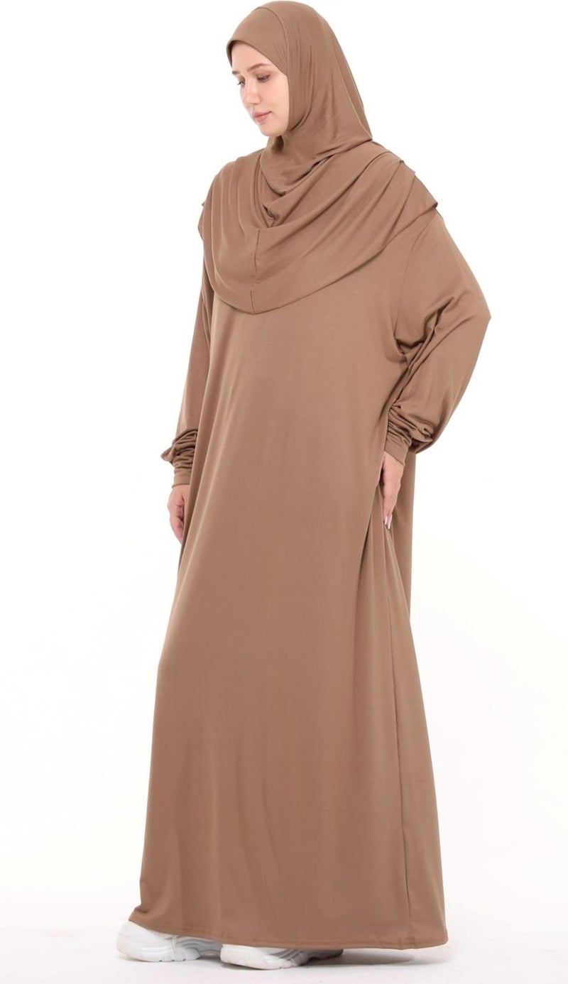 Altobeh Practical One Piece Cotton Bat Sleeves Removable Organic Hijab Prayer Dress with Headscarf - Milk Coffee  - Image 3