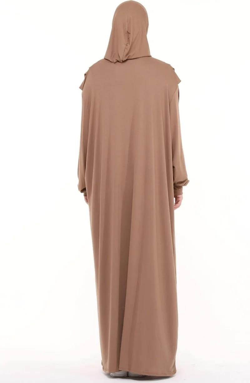 التوبة Practical One Piece Cotton Bat Sleeves Removable Organic Hijab Prayer Dress with Headscarf - Milk Coffee