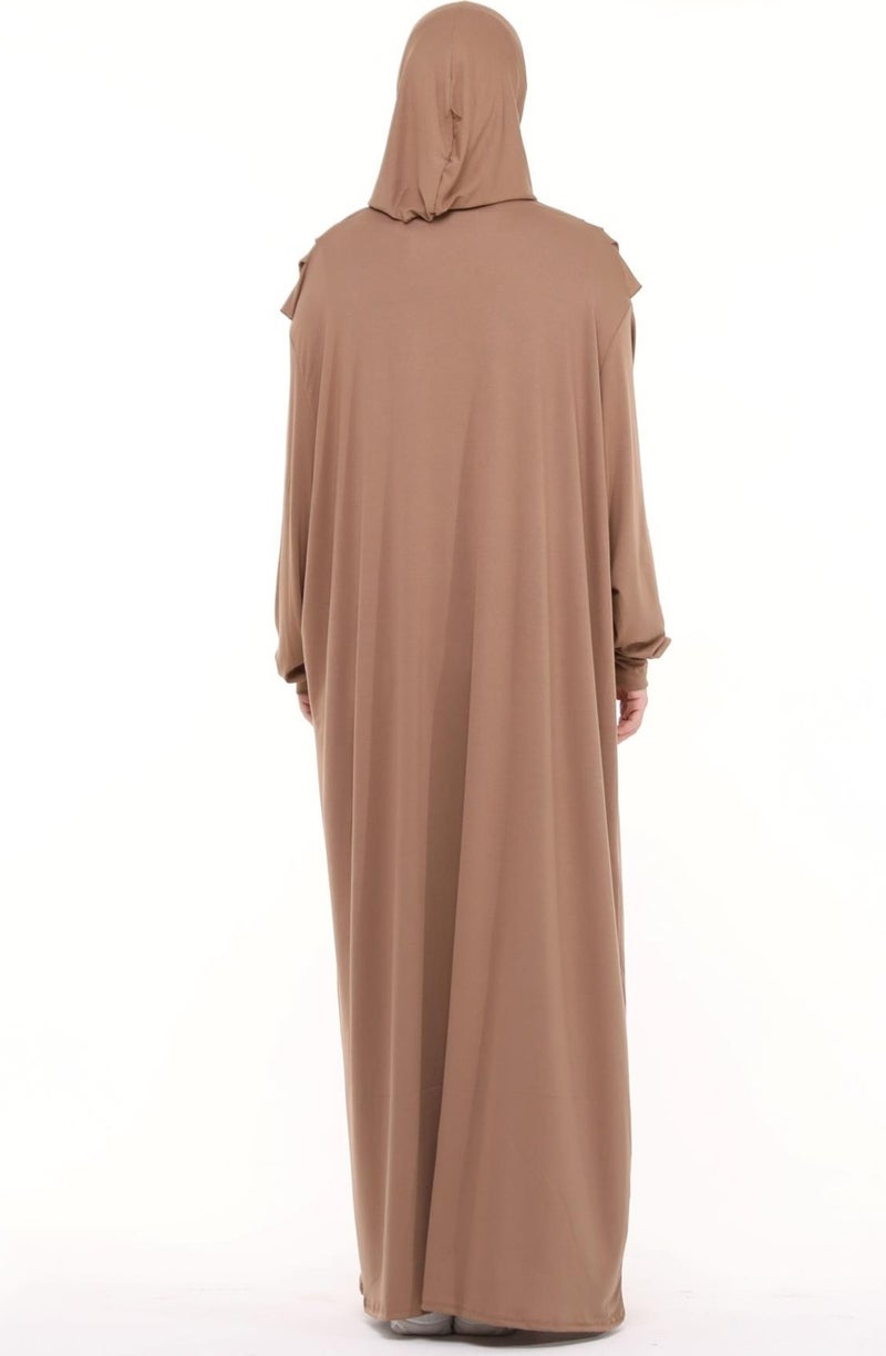 Altobeh Practical One Piece Cotton Bat Sleeves Removable Organic Hijab Prayer Dress with Headscarf - Milk Coffee  - Image 4