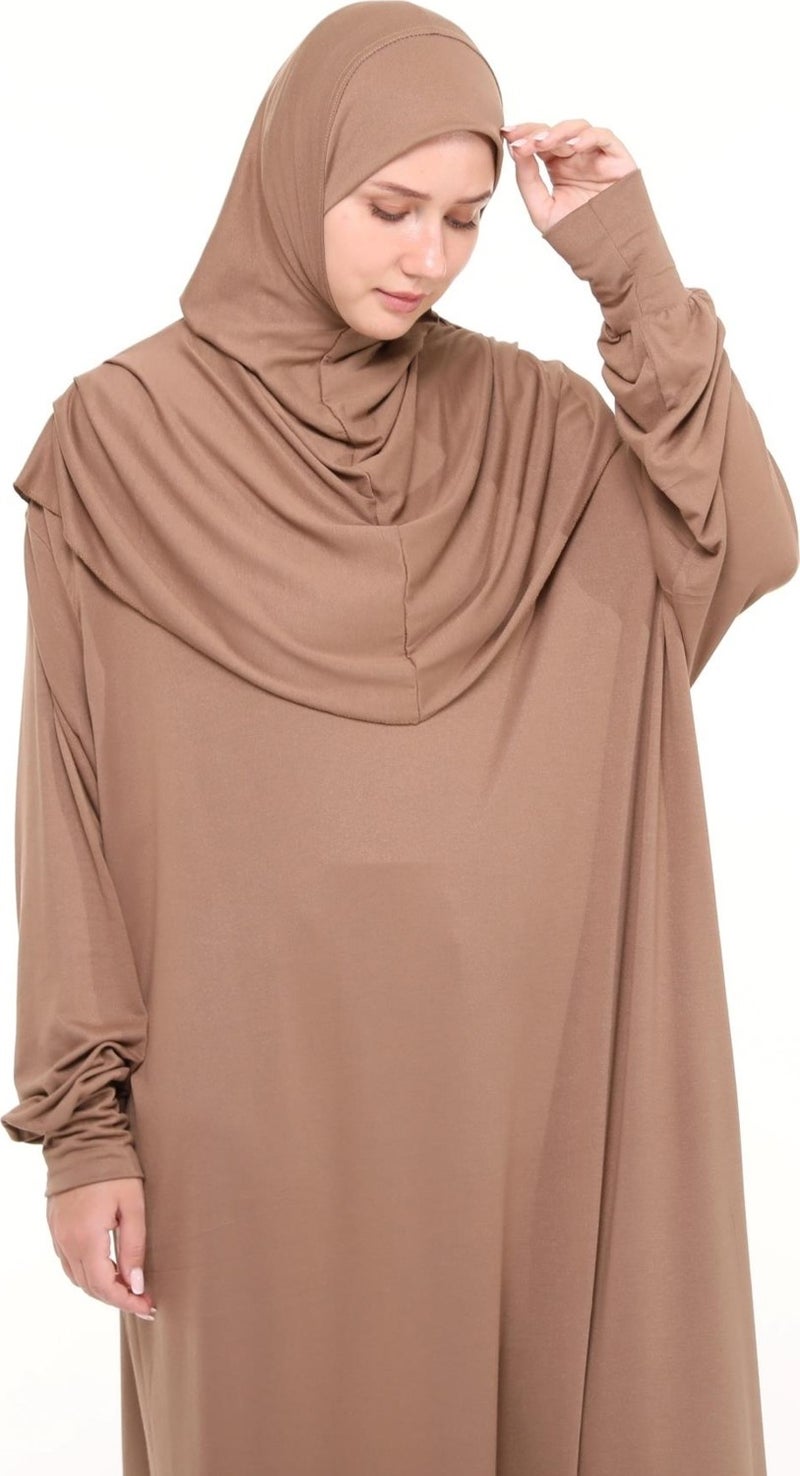 Altobeh Practical One Piece Cotton Bat Sleeves Removable Organic Hijab Prayer Dress with Headscarf - Milk Coffee  - Image 5