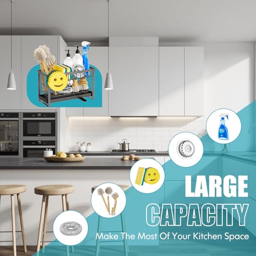 Taugast Sponge Holder for Kitchen Sink with Flexible Sink Caddy Smiley Face,2 Tier Kitchen Sink Organizer Countertop and Storage Essentials,Soap Dispenser Organize,Home Decor Accessories-Gray - Image 5