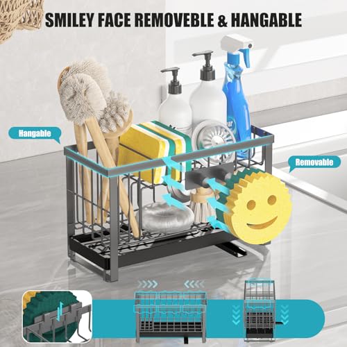 Taugast Sponge Holder for Kitchen Sink with Flexible Sink Caddy Smiley Face,2 Tier Kitchen Sink Organizer Countertop and Storage Essentials,Soap Dispenser Organize,Home Decor Accessories-Gray - Image 3