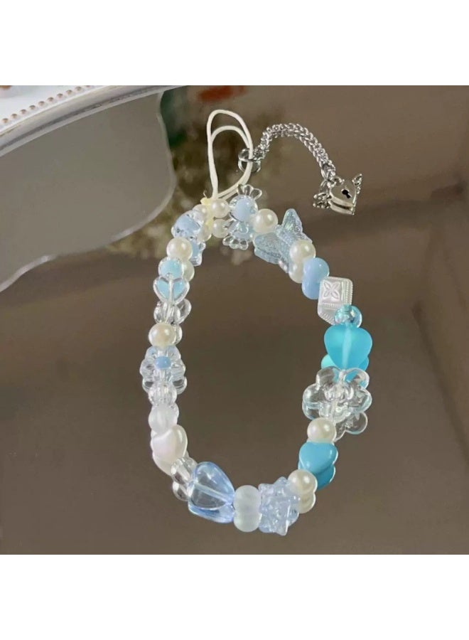 NIBEMINENT Phone Charm/ Chain Strap for Women Girls, Sweet Cherry Blossom Pink Heart Cell Phone Case Lanyard Wrist Strap