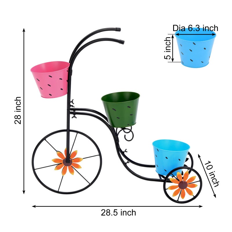 LEWIS&WAYNE Metal Tricycle Planter, 3 Tier Floral Flower Plant Stand Holder Hand Painted Outdoor Garden Patio Decor - Image 3