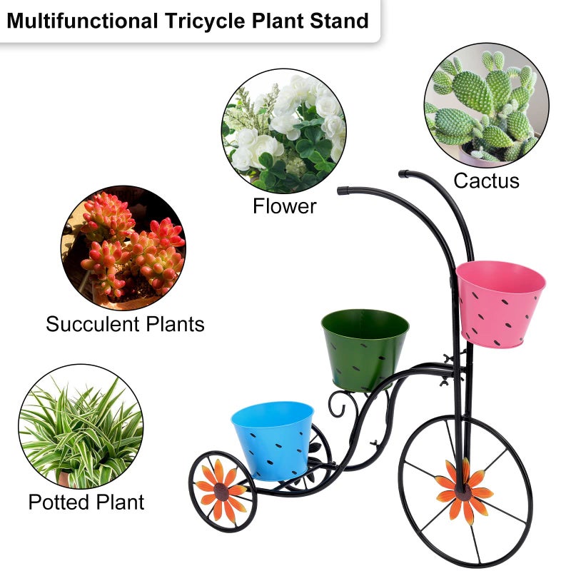 LEWIS&WAYNE Metal Tricycle Planter, 3 Tier Floral Flower Plant Stand Holder Hand Painted Outdoor Garden Patio Decor - Image 5