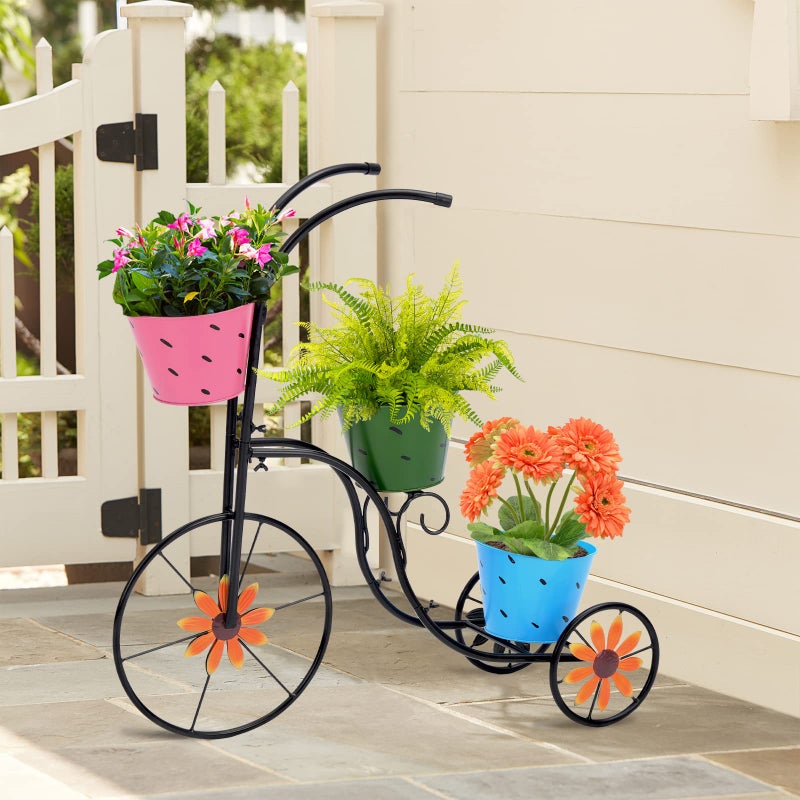 LEWIS&WAYNE Metal Tricycle Planter, 3 Tier Floral Flower Plant Stand Holder Hand Painted Outdoor Garden Patio Decor - Image 2