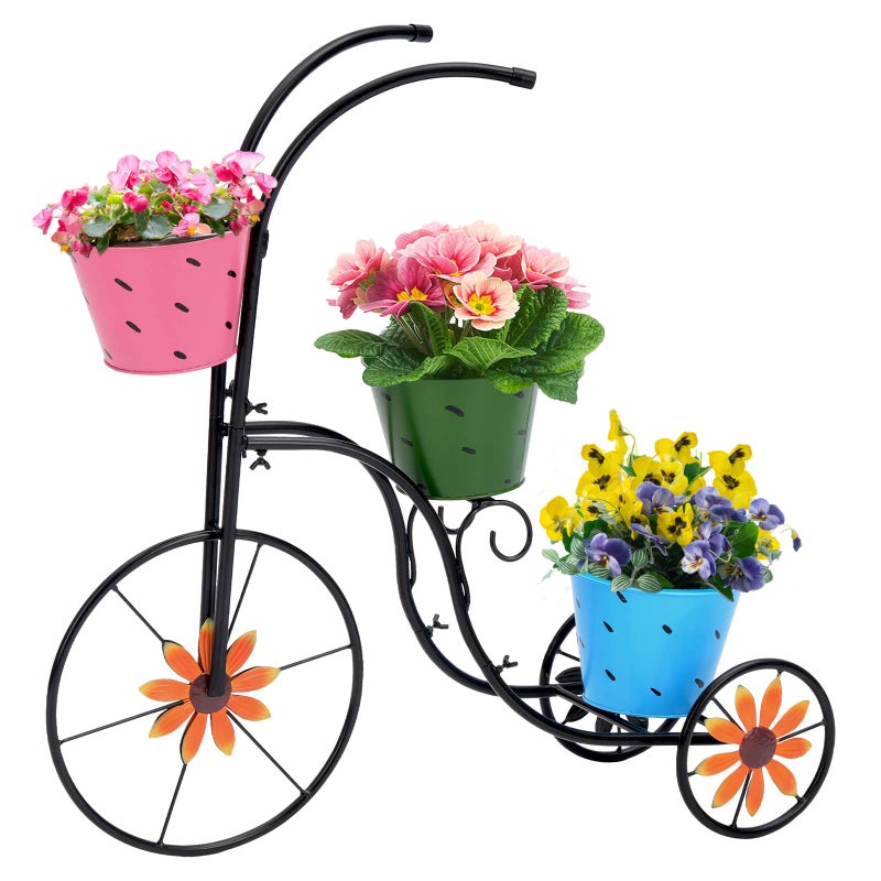 LEWIS&WAYNE Metal Tricycle Planter, 3 Tier Floral Flower Plant Stand Holder Hand Painted Outdoor Garden Patio Decor - Image 1