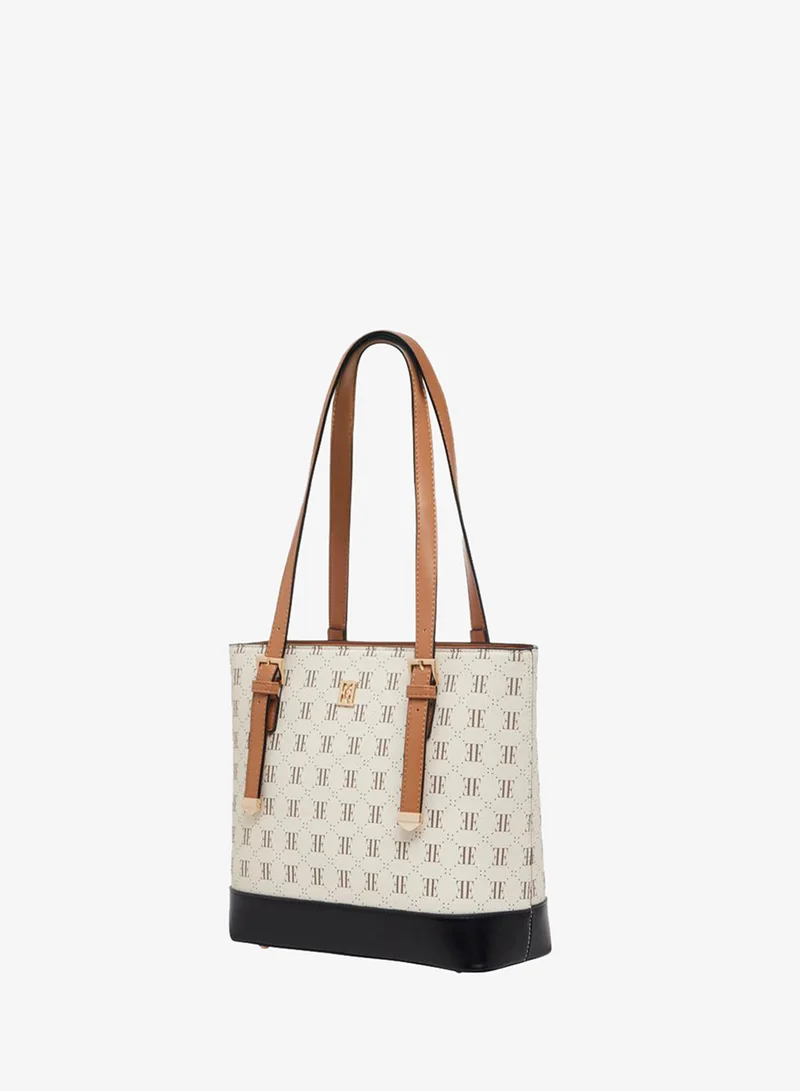 ELLE Monogram Print Tote Bag with Zip Closure