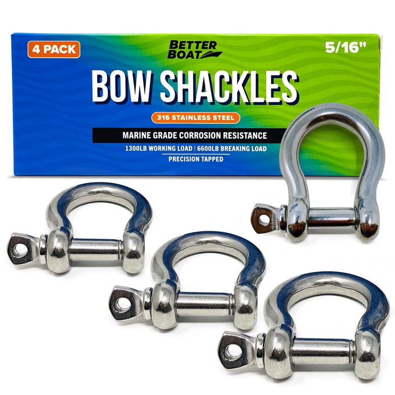 Better Boat Better Boat Premium Stainless Steel D Ring Shackles 5/16 inch 1/2, 3/8 or 1/4 Mini Small Bow Shackle or Clevis Anchor Shackle Marine Grade Sailboat Chain Shackel U Rigging Clasp - 4 PCs 5/16" - Image 1