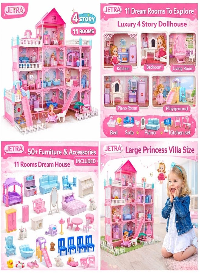 JETRA Dreamy House Dollhouse Kit, 4-Story Miniature Dollhouse with Furniture, Tiny House Set with 2 Doll Accessories, Creative & Imagine DIY Doll Cottage for Gift 3 to 11+ Age Girls, Toddlers & Kids - Image 2