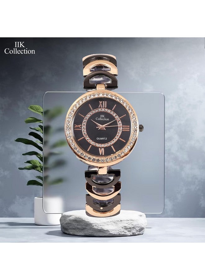 IIK COLLECTION Women's Round Studded Dial Metal Chain Analogue Wrist Watch (Black) - Image 2