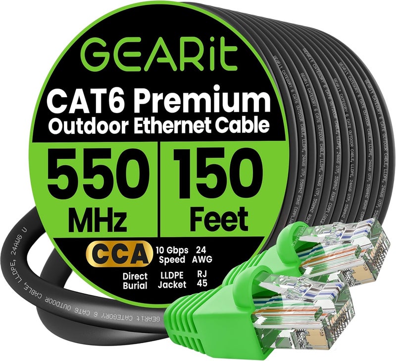 GearIT كابل إيثرنت Cat 6 بطول 150 قدم، كابل إيثرنت Cat6 للدفن المباشر في الهواء الطلق 24AWG عالي السرعة يصل إلى 10 جيجابت في الثانية/550 ميجاهرتز، غلاف مقاوم للماء من LLDPE (PE) ومقاوم للأشعة فوق البنفسجية، كابل إنترنت CCA، RJ45 لجهاز التوجيه - Image 1