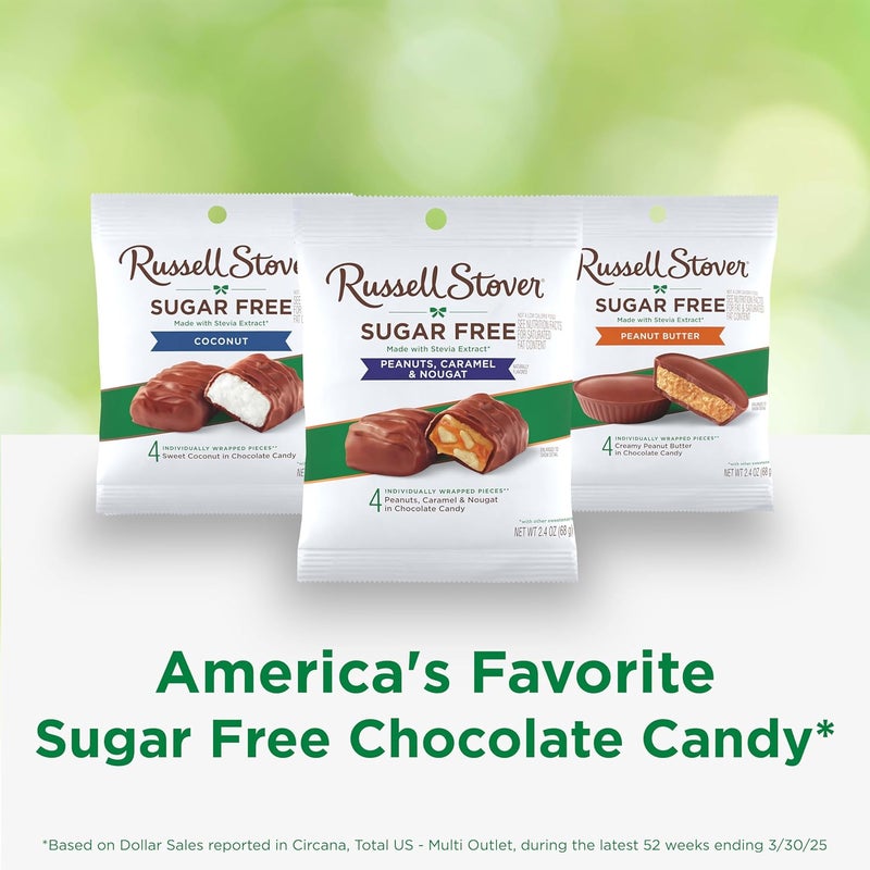 Russell Stover حلوى الشوكولاتة من راسل ستوفر خالية من السكر بالفول السوداني والكراميل والنوجا - 2.4 أونصة - Image 5
