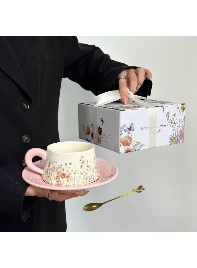 AceLuste Vintage Ceramic Coffee Cup and Saucer Gift Set, 300ml Large Capacity Coffee Cup Set with Gift Box, Saucer & Spoon, Elegant Floral Hand-Painted Design, Perfect for Coffee，Tea and Espresso Lovers, Best Gift for Family and Friends Any Occasions - Image 1