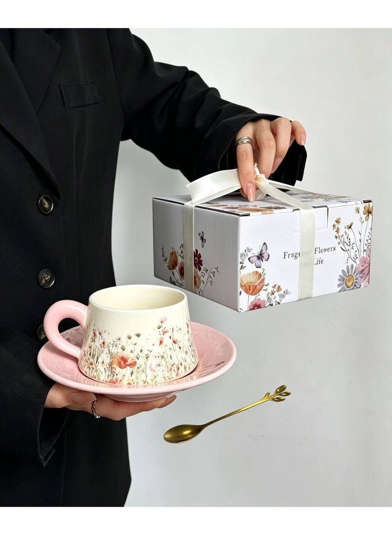 AceLuste Vintage Ceramic Coffee Cup and Saucer Gift Set, 300ml Large Capacity Coffee Cup Set with Gift Box, Saucer & Spoon, Elegant Floral Hand-Painted Design, Perfect for Coffee，Tea and Espresso Lovers, Best Gift for Family and Friends Any Occasions - Image 1