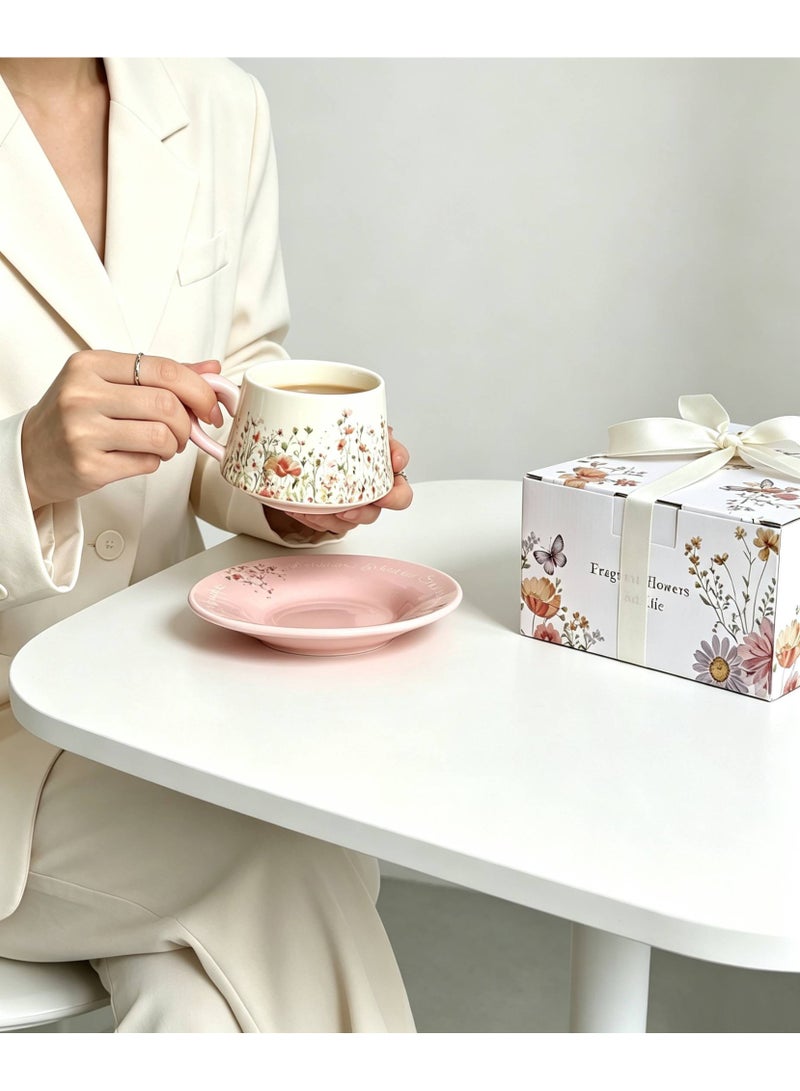 AceLuste Vintage Ceramic Coffee Cup and Saucer Gift Set, 300ml Large Capacity Coffee Cup Set with Gift Box, Saucer & Spoon, Elegant Floral Hand-Painted Design, Perfect for Coffee，Tea and Espresso Lovers, Best Gift for Family and Friends Any Occasions - Image 2