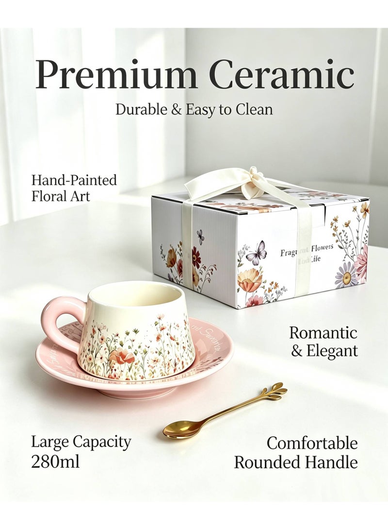 AceLuste Vintage Ceramic Coffee Cup and Saucer Gift Set, 300ml Large Capacity Coffee Cup Set with Gift Box, Saucer & Spoon, Elegant Floral Hand-Painted Design, Perfect for Coffee，Tea and Espresso Lovers, Best Gift for Family and Friends Any Occasions - Image 3