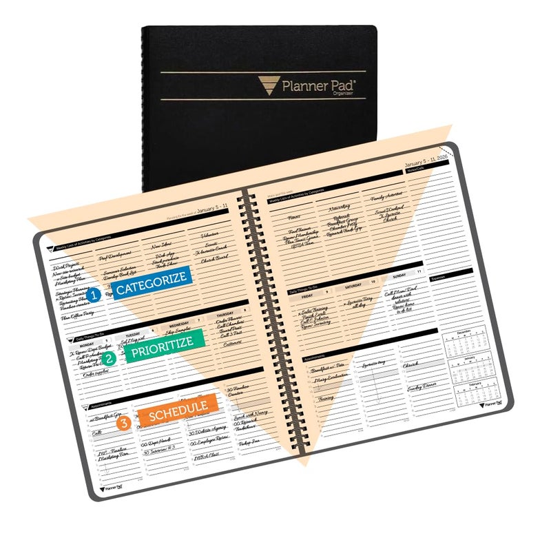 Planner Pad Spiral Bound January-December 2026/ Calendar Year 8 1/2" x 11" Large 3-Tier Funnel Down 12 Month Organizer, Black Cover/Black Ink - Image 1