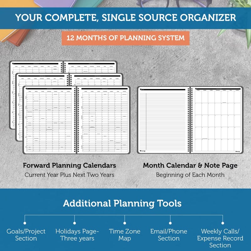 Planner Pad Spiral Bound January-December 2026/ Calendar Year 8 1/2" x 11" Large 3-Tier Funnel Down 12 Month Organizer, Black Cover/Black Ink - Image 4
