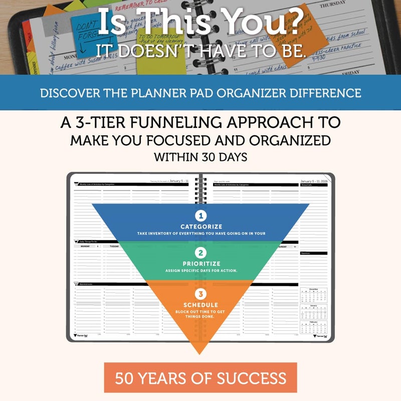 Planner Pad Spiral Bound January-December 2026/ Calendar Year 8 1/2" x 11" Large 3-Tier Funnel Down 12 Month Organizer, Black Cover/Black Ink - Image 2