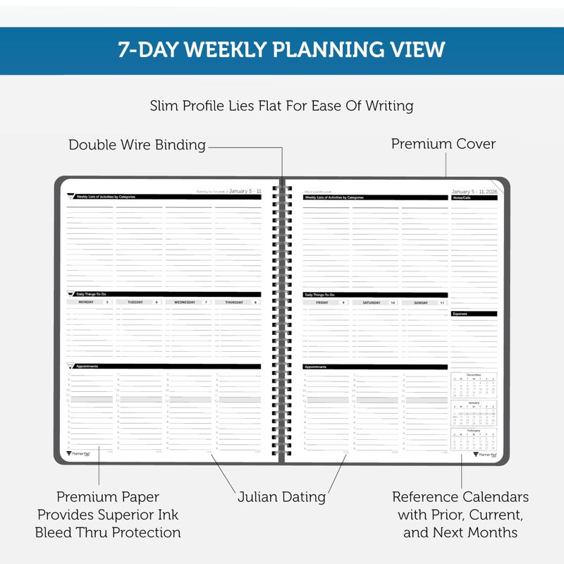 Planner Pad Spiral Bound January-December 2026/ Calendar Year 8 1/2" x 11" Large 3-Tier Funnel Down 12 Month Organizer, Black Cover/Black Ink - Image 3