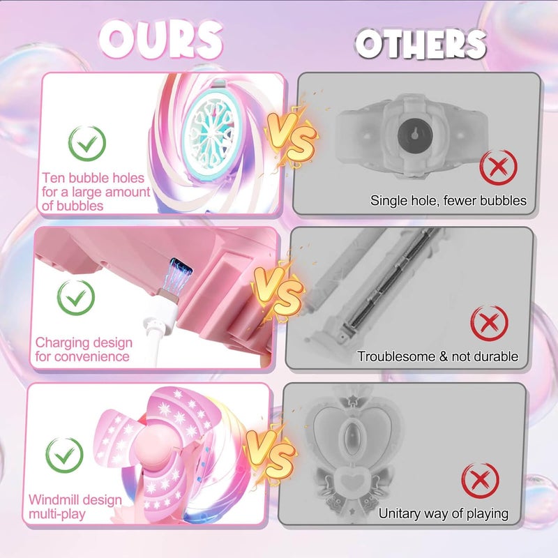 Britik Bubble Wands for Kids Age 4-8: Windmill Light Up Automatic Bubble Machine Rechargeable With 2 Bubble Solution Outdoor Party Birthday Toys for Toddlers, Gift for 3 4 5 6 7 8 Year Old Girls, Pink - Image 3