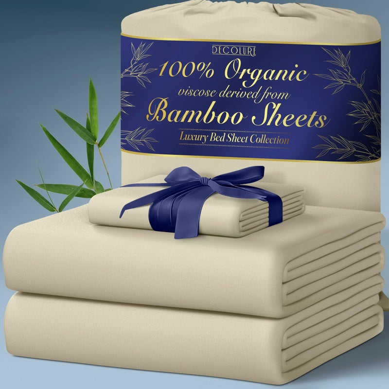 DECOLURE 100% Organic Viscose Derived from Bamboo Sheets Twin Size 3pcs - Ultra Soft & Luxuriously Cooling  17 "" Deep Pocket  Double Stitching  Perfect for Hot Sleepers - Twin Bed Sheets (Creme) - Image 1